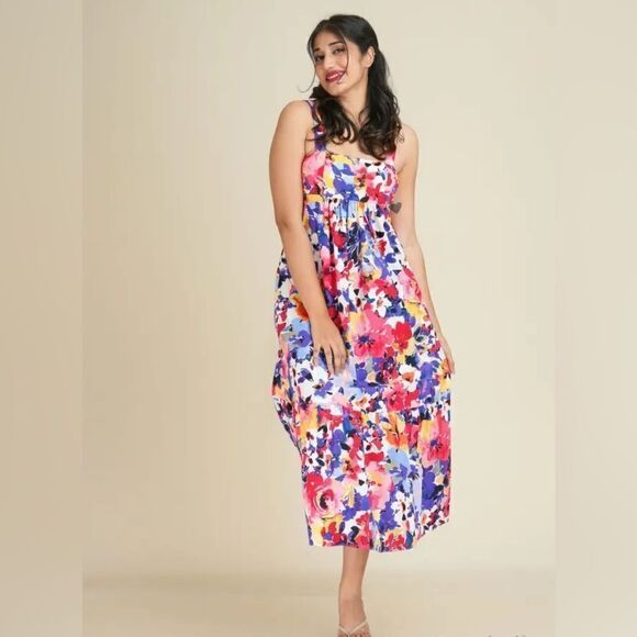 London Times Floral Print Colorful Tiered Smocked Waist Maxi Dress - Picture 9 of 9